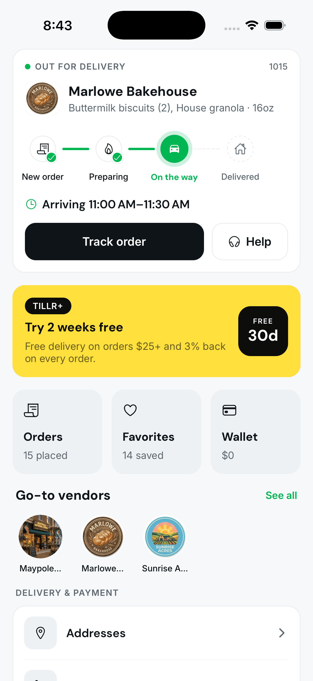 Tillr account screen with live order tracking